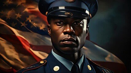 A man American soldier military marine stands against the background of the American flag as a symbol of independence. Face close-up - Powered by Adobe