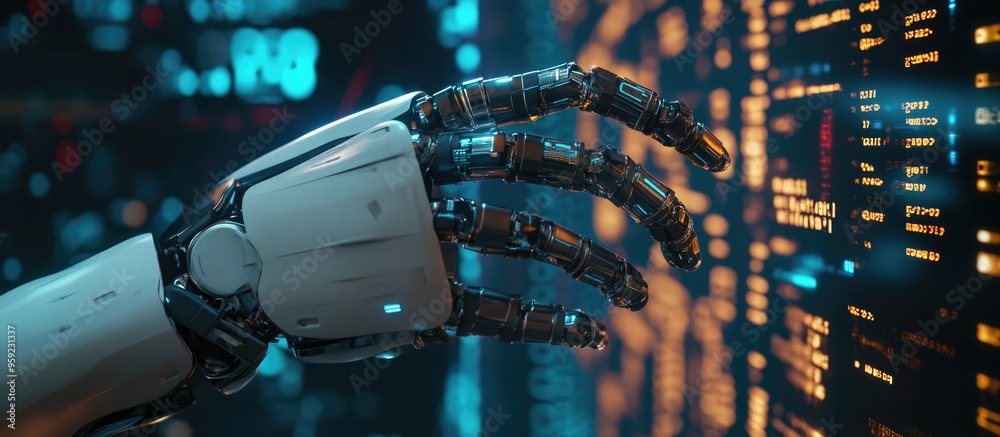 Poster cyborg hand gripping a chatbot alongside 3d rendered binary code messages and data elements