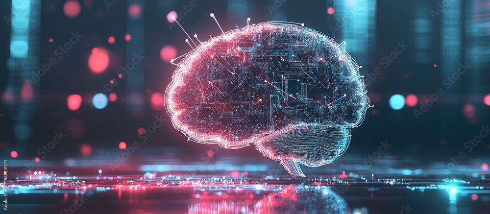Poster illustration of a human brain featuring lines and dots representing technological advancement and in
