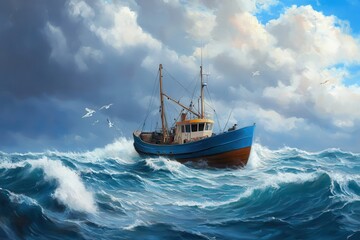 Obraz premium A fishing boat navigates through turbulent waves under a dramatic sky, capturing the essence of maritime adventure.