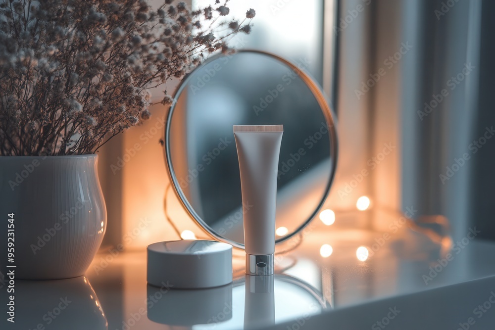 Aufkleber a tube of cream is prominently placed by a mirror, softly glowing with decorative lights around it, 
