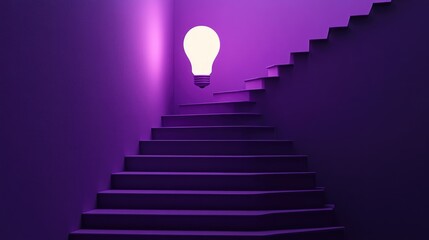 Stairs leading to a light bulb on a dark purple backdrop symbolizing bright ideas and insights Emphasizes creativity motivation and the pursuit of success in a paper cut design style