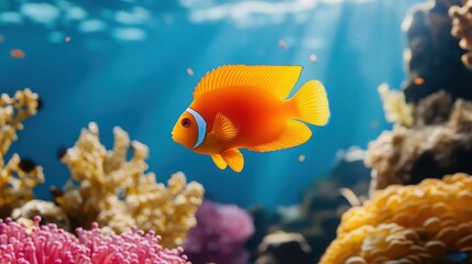 Obraz premium A vibrant orange fish swims gracefully among colorful coral reefs, showcasing the beauty of marine life in a sunny underwater scene.
