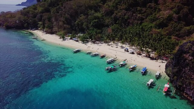Aerial view of Seven Commando Beach, El Nido, Palawan, Philippines. Tropical travel destination