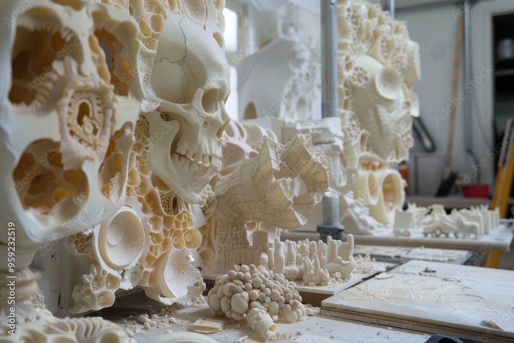 Poster a man standing in a white room with a sculpture witness the transformation of raw materials into int