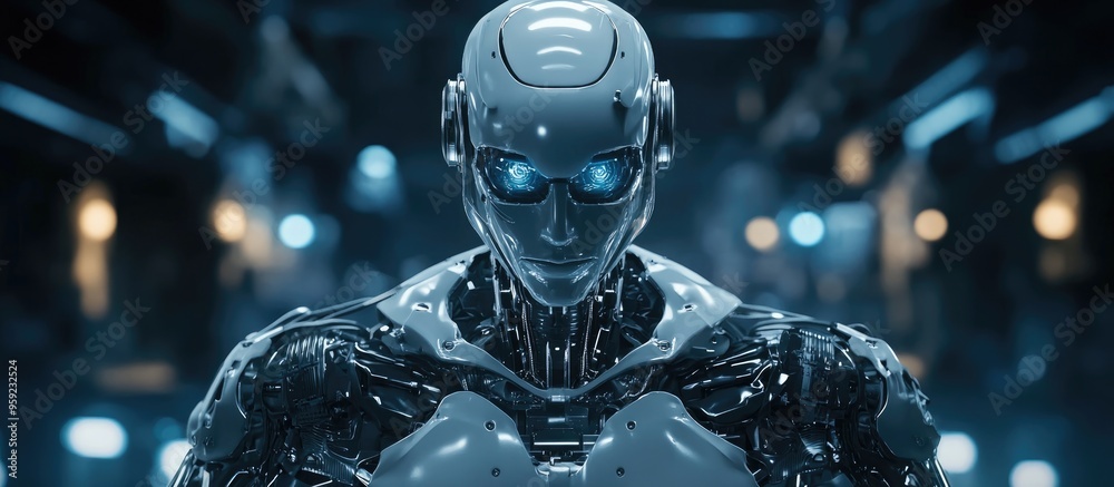Poster robot showcasing strength in a high tech environment humanoid or cyborg ai technology concept futuri