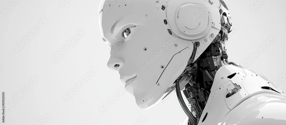 Poster detailed view of a white ai robot against a white background 3d concept of automation optimization a