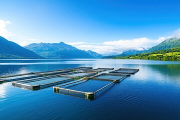 Peaceful lake surrounded by majestic mountains with aquaculture structures floating on the water, reflecting the clear blue sky.
