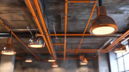 Industrial ceiling featuring orange electrical wiring and lighting fixtures