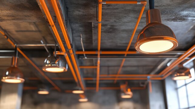 Industrial ceiling featuring orange electrical wiring and lighting fixtures
