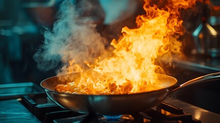 Flames dancing in a chef's pan, the fire igniting ingredients, vibrant kitchen backdrop, intense heat and energy, dramatic lighting, smoke rising