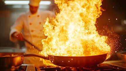 Flames enveloping a pan, chef in motion, vibrant kitchen atmosphere, intense fire reflections, sparks flying, dramatic culinary scene