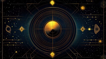 A dark and mysterious tarot card design with ornate geometric patterns, a symmetrical arrangement , background wallpaper