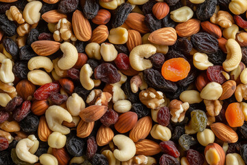 Pile of different nuts mix with dried fruit texture background, healthy lifestyle and fitness.