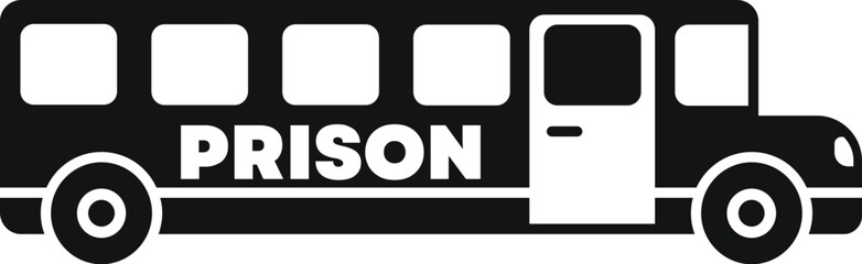 Simple black and white vector illustration of a prison bus transporting inmates to jail