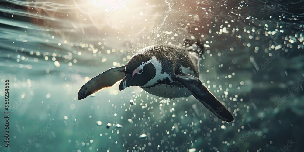 Wall mural Galapagos penguin diving in the water