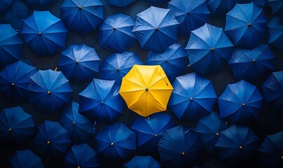 A Single Yellow Umbrella Surrounded by Blue Umbrellas