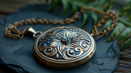 Naklejka premium Ornate Gold and Blue Pendant Necklace with Gemstone Illustration