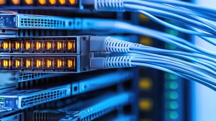 Network Server with Blue Cables and Active Lights
