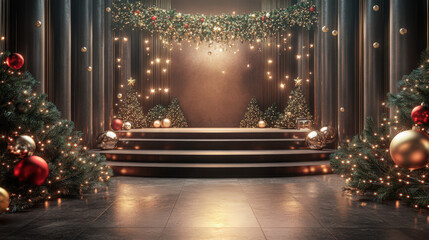 Obraz premium Festive Christmas Stage With Decorative Christmas Trees Golden Baubles Lights And Garland