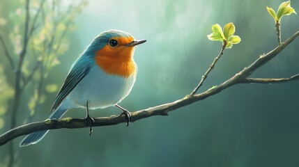 Colorful Songbird Perched on Spring Branch in Lush Green Garden