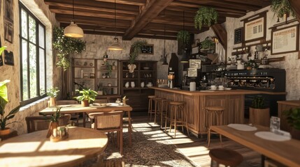 Fototapeta premium Rustic and Cozy Interior of a Charming Cafe or Restaurant