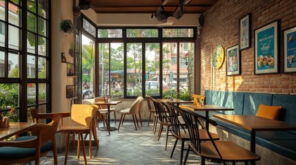 Naklejka premium Cozy and Inviting Cafe Interior with Rustic Brick and Modern Furnishings