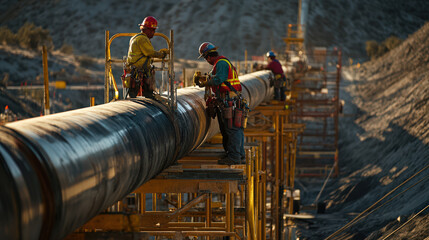 Construction Workers Installing Pipeline On Scaffolding