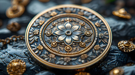 Obraz premium Ornate Gold and Silver Flower Design on a Circular Button Illustration