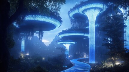 Glowing Fantastical Landscape with Bioluminescent Mushrooms in Enchanted Forest