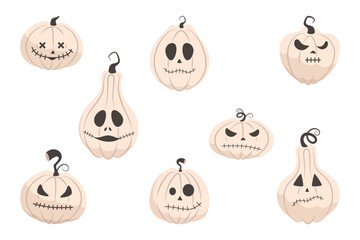 A set of eight white pumpkins with sewn mouths. Cute, spooky Halloween holiday elements.