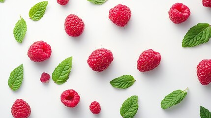 Fresh raspberries and mint leaves arranged on a white background.