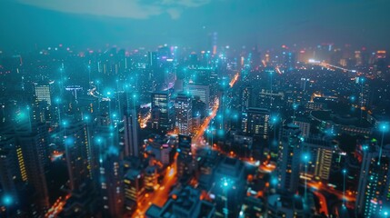 Nighttime aerial view of a city with glowing blue lines connecting buildings