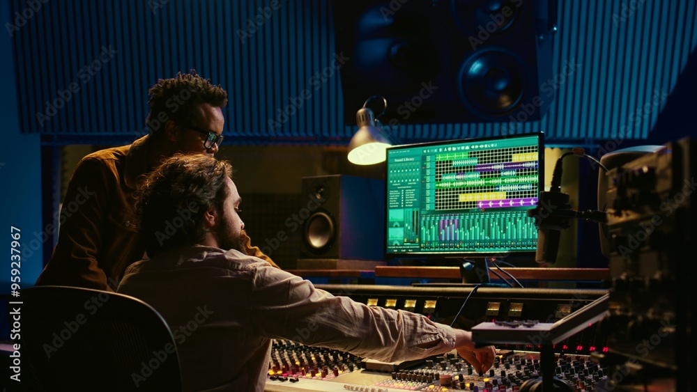 Poster Musician and producer work on soundboard pads at professional studio station. Sound designer uses digital mixer in music production, operating on sliders and key buttons at control desk. Camera B.
