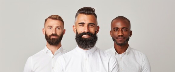 Fototapeta premium Three men with beards are standing together and smiling