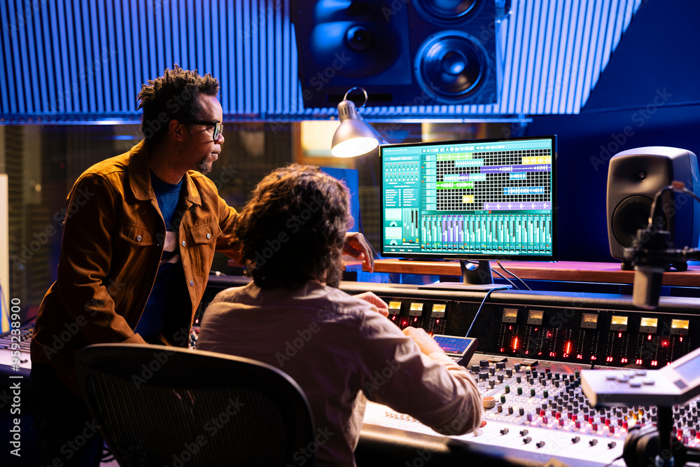 Aufkleber Post production team working on editing sound settings in studio, audio software interface on computer. Artist and sound technician applying mixing and mastering techniques to create a hit.