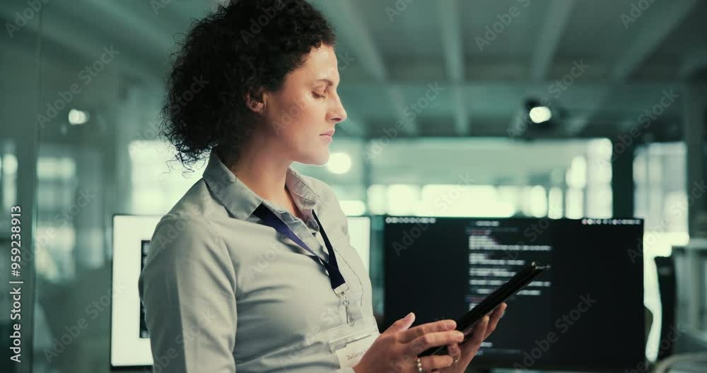 Aufkleber Business, employee and woman with tablet, typing and internet with professional, digital app and connection. Inspection, person and review with tech, software analysis and research with engineering