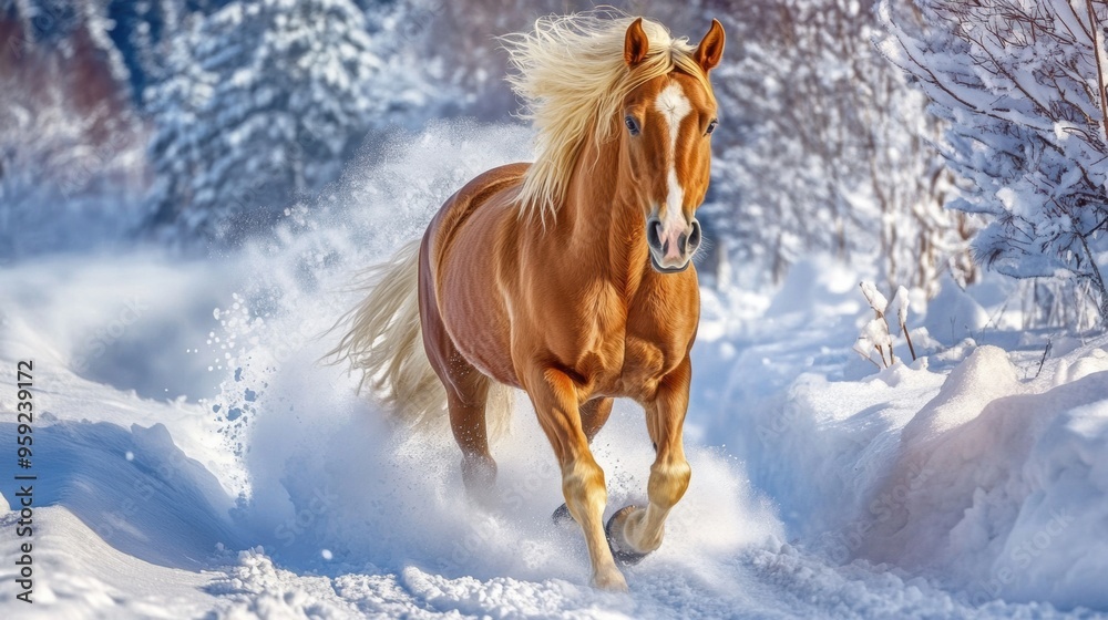 Wall mural a horse running through the snow in a forested area, ai