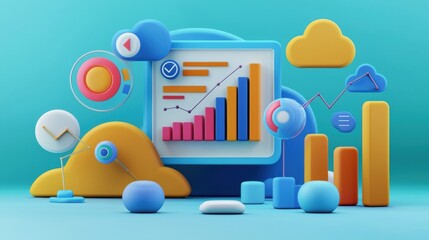 Obraz premium Colorful 3D Data Visualization Infographic on Turquoise Background