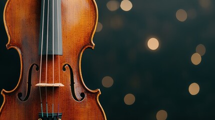 Close Up of Violin Body and Strings Against Bokeh Background