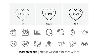 Love document, Love and Hold heart line icons. Pack of Dating, Only you, Heart flame icon. Romantic talk, Inclusion, Honeymoon travel pictogram. Romantic dinner, For ever. Registry office. Vector