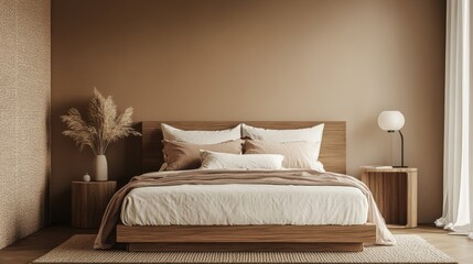 Discover and explore this serene and tranquil bedroom design that features a beautiful wooden bed, soft beige tones, and minimalist decor elements for an overall cozy and inviting atmosphere