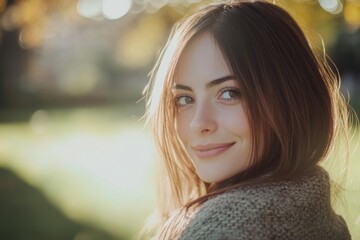 Naklejka premium Cute Brunette Woman Smiling in a Park. Generative AI.