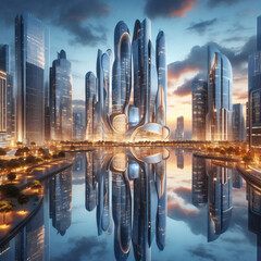 Naklejka premium Futuristic cityscape with reflective skyscrapers under a sunset sky