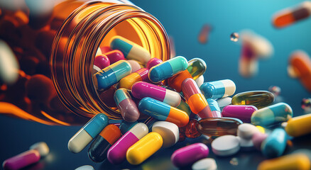 Esta imagem mostra uma variedade de pílulas coloridas saindo de um frasco de medicamento virado, representando o conceito de soluções farmacêuticas e tratamentos médicos.