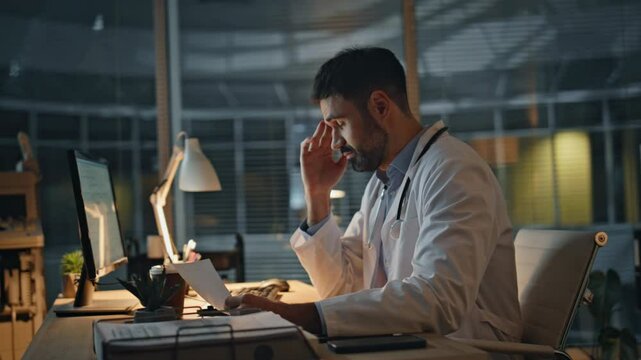 Exhausted medic working night at computer. Stressed bearded doctor drink coffee