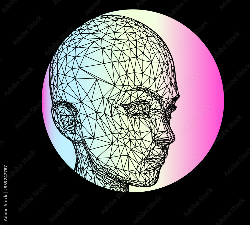 Aufkleber conceptual technological illustration of 3d head made of mesh on background of holographic circle.
