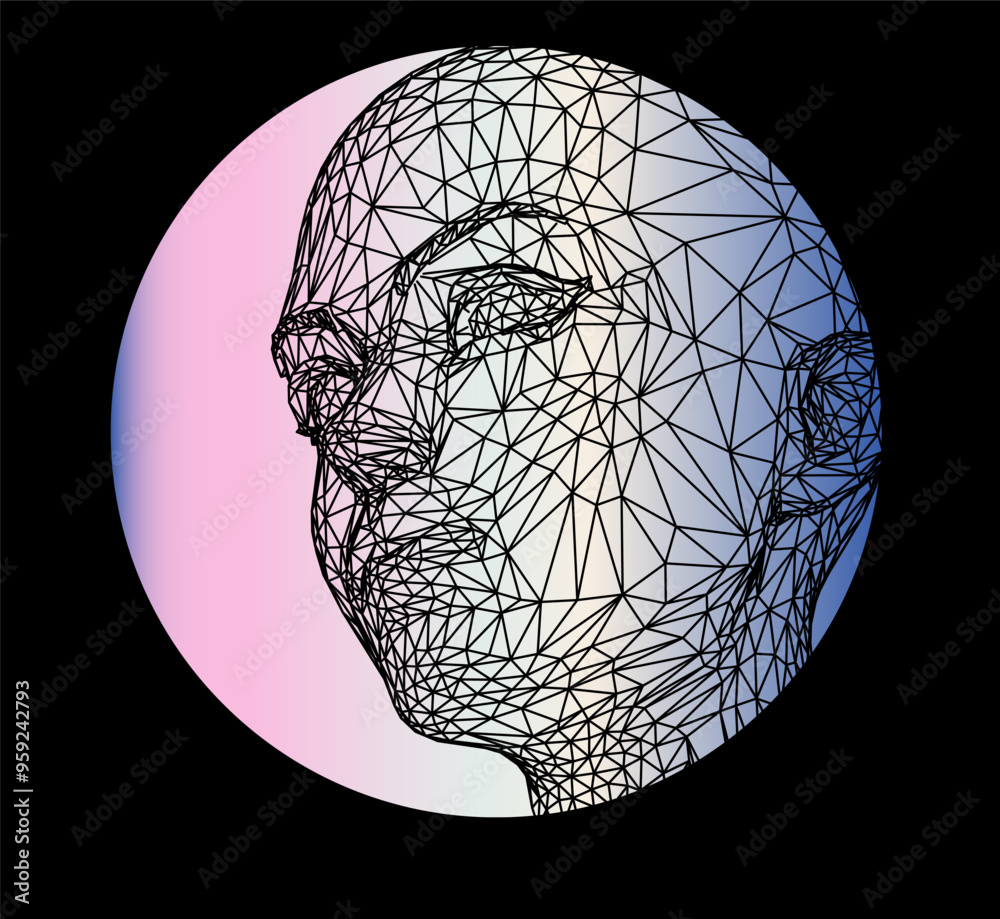 Aufkleber Conceptual technological illustration of 3d head made of mesh on background of holographic circle.
