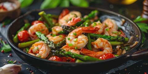 Asparagus and Shrimp Stir Fry Placed on the Table