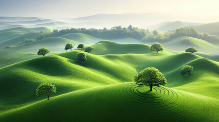 Rolling Green Hills With Trees and Mist